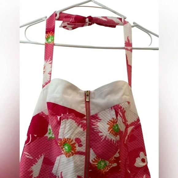 Lilly Pulitzer Marisa Hotty Pink Cherry Begonias Floral Halter Fit Flare Dress 2 - Picture 2 of 7